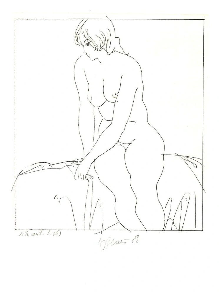 Karel Beneš – Sedící akt | originální barevná litografie, signovaný autorský tisk (1980)