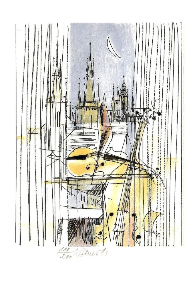 Karel Beneš – Hudební Praha – Nokturno | originální barevná litografie, signovaný tisk