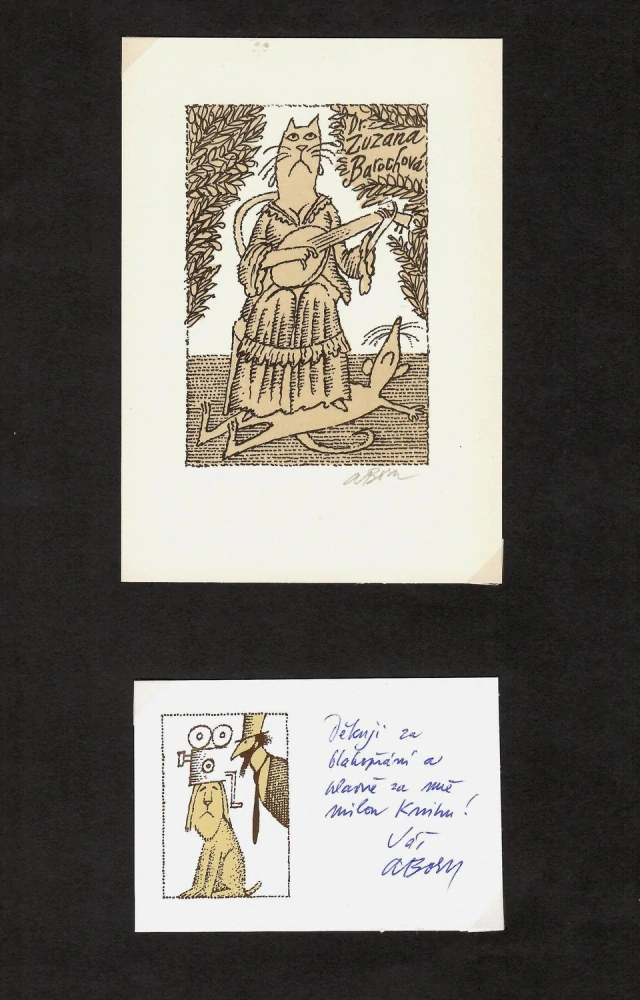 Adolf Born- Sedící kočka s banjem a myší | Exlibris | 1986