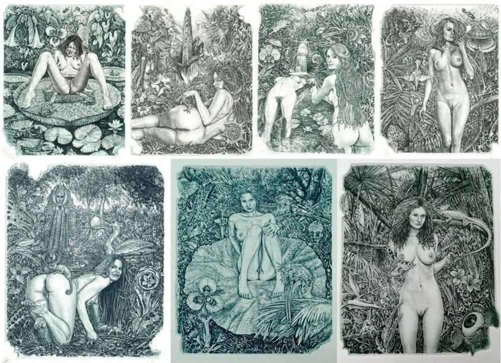 Günter Hujber – Ztracený ráj, soubor 7 grafických listů, suchá jehla, signováno, kožené desky