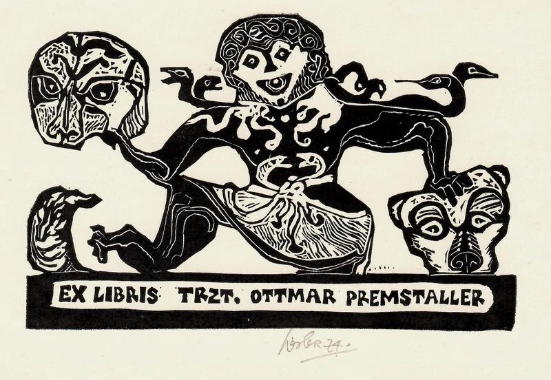 Josef Liesler – Masky, originální grafický list, dřevoryt