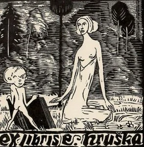 Josef Váchal – Skřítek klečící před ženou – exlibris – dřevoryt na prodej