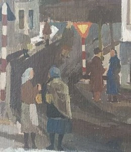 Jiří Hadlač – Velké Opatovice, zimní motiv (1957), olejomalba