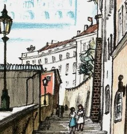 Jiří Bouda - Nové zámecké schody | litografie k básni Jaroslava Seiferta