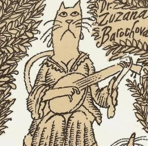 Adolf Born- Sedící kočka s banjem a myší | Exlibris | 1986