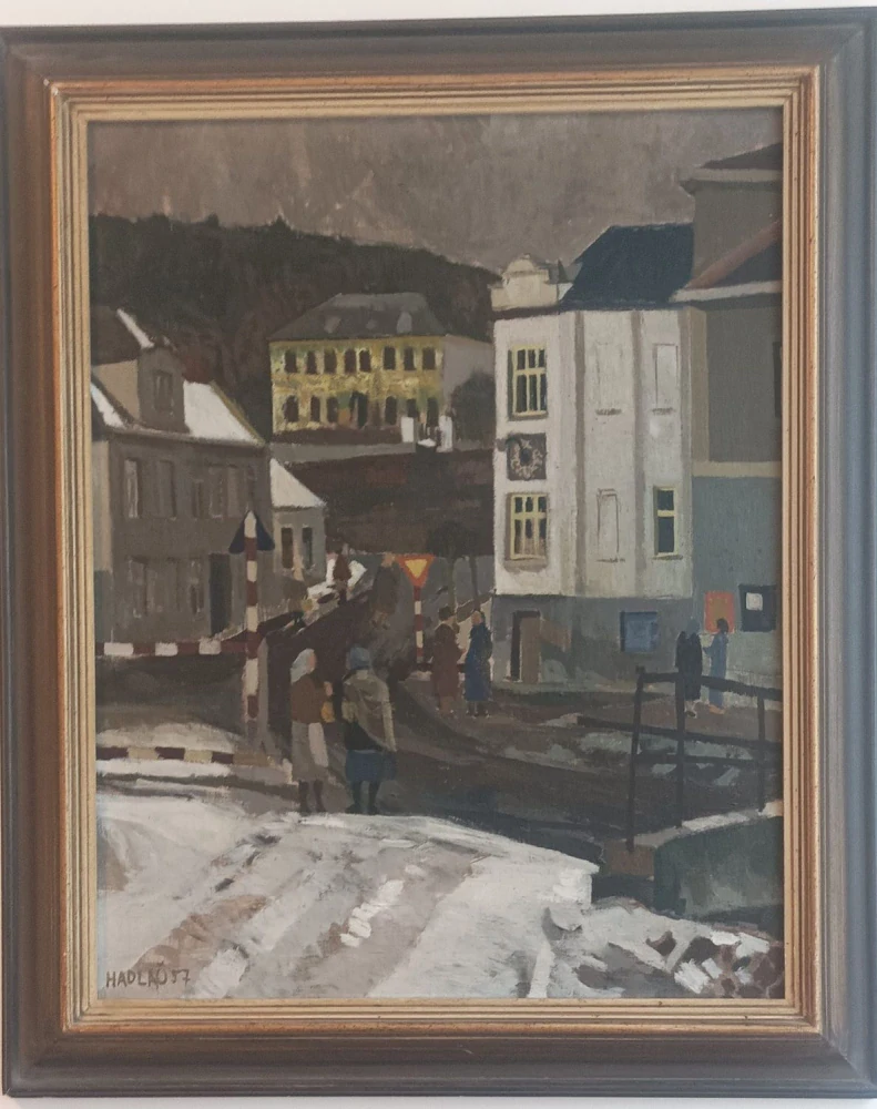 Jiří Hadlač – Velké Opatovice, zimní motiv (1957), olejomalba