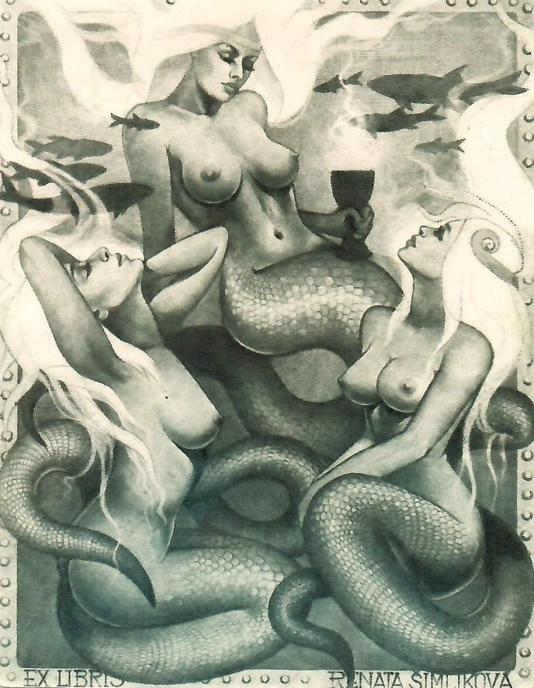 Renata Šimlíková - Mermaid, originální lept, signovaný autorský tisk 1998