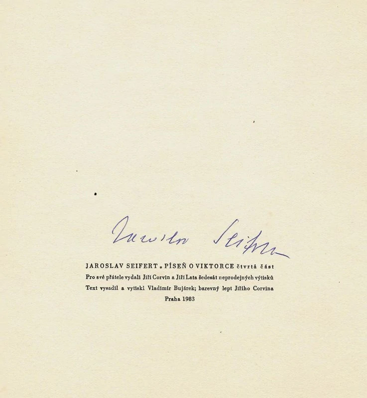 Jiří Corvin- Píseň o Viktorce, bibliofilie s básní Jaroslava Seiferta a jeho podpisem, 1983