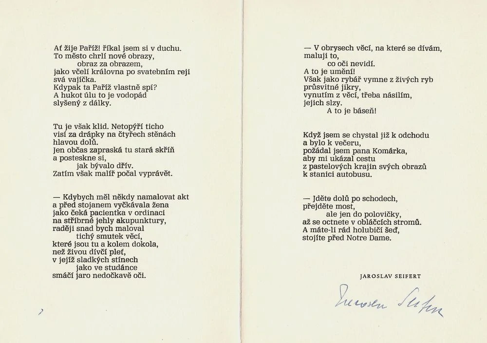 Vladimír Komárek –Jaroslav Seifert: U malíře Vladimíra Komárka – bibliofilský tisk s podpisem autora a dřevoryty V. Komárka