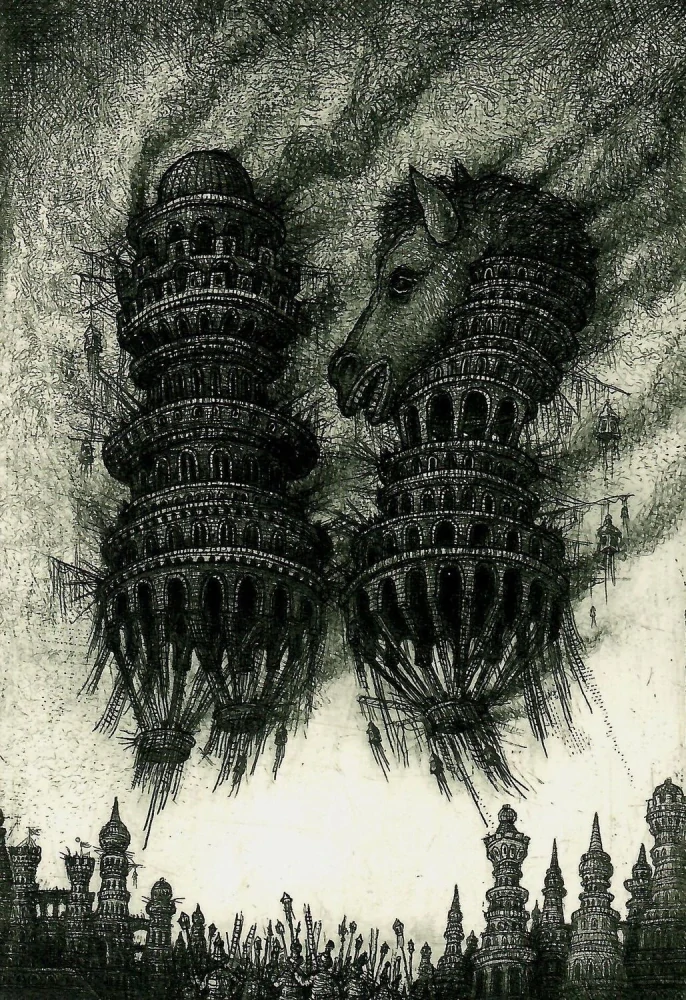 Sergej Tjukanov-Levitující věže|barevný lept| limitovaný náklad| podepsané