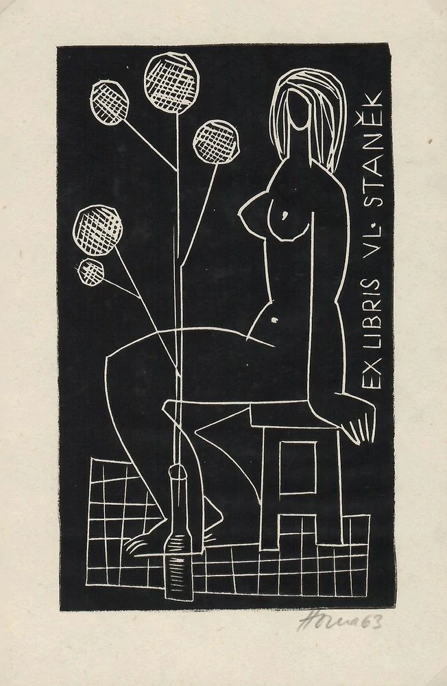 Miroslav Houra – Dva akty s bodláky, linoryty 1963 , signované