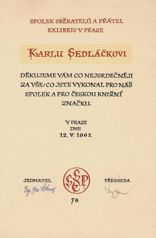 Viktor Polášek - Pamětní list členu spolku SSPE, litografie