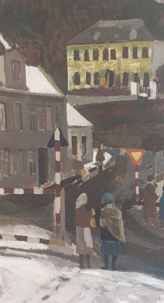 Jiří Hadlač – Velké Opatovice, zimní motiv (1957), olejomalba
