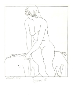 Karel Beneš – Sedící akt | originální barevná litografie, signovaný autorský tisk (1980)