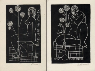 Miroslav Houra – Dva akty s bodláky, linoryty 1963 , signované
