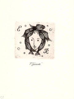 Jiřincová Ludmila – Hlava s rybami, lept