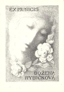 Jiřincová Ludmila – Dívčí hlava s růžemi (Ex musicis), litografie, 1945