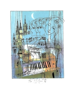Karel Beneš – Hudební Praha | originální barevná litografie, signovaný tisk