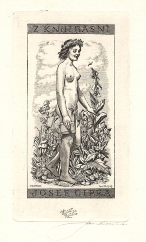 Grafický list exlibris Josef Cipra, autor Stanislav Kulhánek, motiv dívky s knihou v přírodě