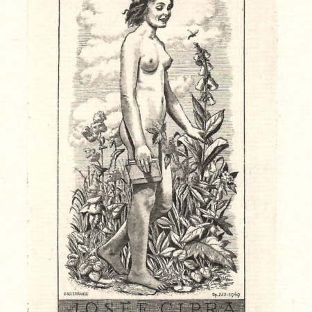 Grafický list exlibris Josef Cipra, autor Stanislav Kulhánek, motiv dívky s knihou v přírodě